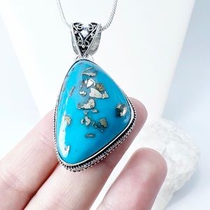 PERSIAN Turquoise Chunky Asymmetrical Gemstone Pendant Necklace Silver 925 New